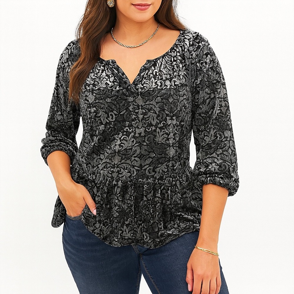 Faded Glory Black Gray Velvetโ Burnout Babydoll Blouse Top Womens Small Witchy